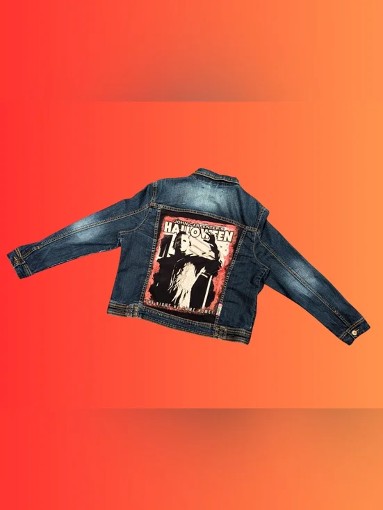 Handmade, Upcycled John Carpenter's Halloween Denim Jacket Size L - Picture 3 of 4
